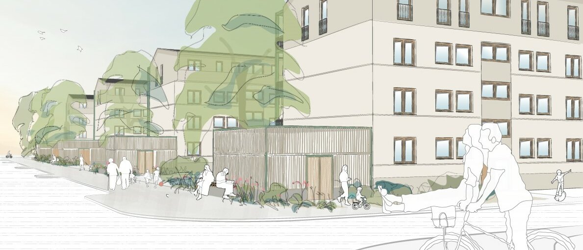 Visualisierung: Bauprojekt Seelhorst, blauer Himmel, Aufstockung der Wohnfläche, Klimaneutrales Wohngebiet 